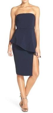 Jay Godfrey navy blue strapless peplum slit midi dress size 12