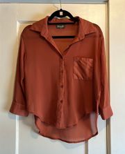 | Orange Shear Button Up Shirt Front Pocket Medium Small Hole See Pictures