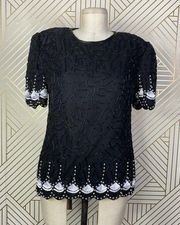 Laurence Kazar Vintage Beaded Blouse in Black & White Gatsby Size Petite Small