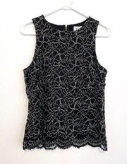 NEW NWT ELLE Black Floral Lace Silver Metallic Sleeveless Scalloped Tank Blouse