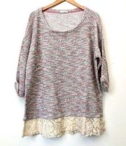 STYLE & CO Pink White Black Nubby Textured 3/4 Cuffed Sleeve Lace Sweatshirt XL