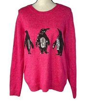 Karen Scott Medium Penguin Sweater Sequin Crew Neck Long Sleeve Stretch Pink New