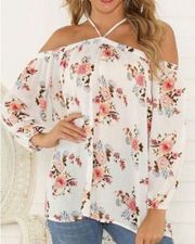 andthewhy Boho Floral White Halter Tunic Top