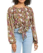 Leyden Womens Vibrant Ditsy Floral Print Embroidered Tie Front Blouse Size M