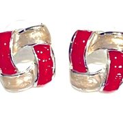 VTG Kenneth Cole ENAMELED SILVER EARRINGS Red White Square Knot KC Signed 5/8”