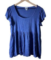 Fantastic Fawn Blue Crepe Ribbed Peplum Flowy Blouse Size Large