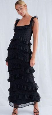 Pretty  Cecile Black Dot Ruffle Maxi Dress Size 4 NWT