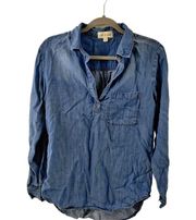 100% Tencel Blue Chambray Long Sleeve Shirt Popover Top Women Sz S