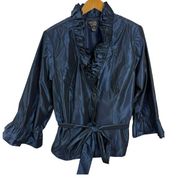 Xscape Iridescent Ruffle Shiny Blue Formal Evening Belted Jacket Jewed Button 18