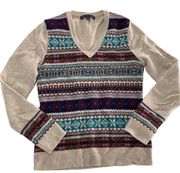 Brooks Brothers Sweater Womens X-Small Cream Blue Pink 346 Fair Isle V-Neck Wool