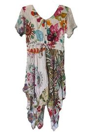 Sacred Threds Boho Floral Patchwork Rayon Short Sleeve Mini Summer Dress S/M