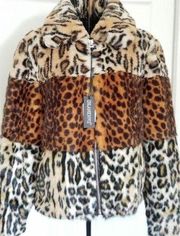 BLANKNYC Women's Animal Print Faux Fur Jacket Medium Mix Print Pockets NWT