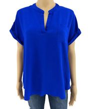 Moa Moa MEDIUM Blue Split V Neck Rolled Cuff Short Sleeve High Low Blouse Top