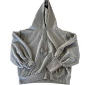 Express Sweatshirt Womens Medium Gray Hooded Metallic Knit Puff Sleeve Tassel