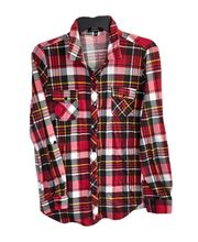 Red, Black, White, Gold, Orange Plaid Flannel Button Shirt Wm L