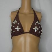 La Blanca Brown Halter Bikini Top Floral Beaded 6