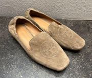 Tory Burch Tan Suede Leigh Loafers Monogram Size 7 Ballet Flats Leather