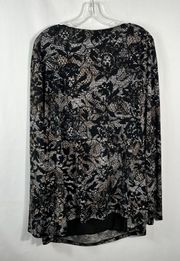 Black Lace Pattern Drape Neck Long Sleeve No-Iron Blouse Plus Size