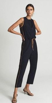 Reiss Tayla Navy Blue Tan Side Stripe Sleeveless Tapered Jumpsuit Size 4