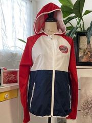 Santa Cruz | red, white, blue windbreaker with hood.