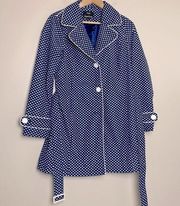 Dennis Basso Navy And White Polka Dot Trench Coat Size S