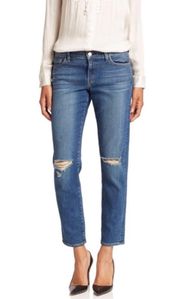 MON JULES PERFECT FIT JEANS in AUTHENTIQUE DISTRESSED Size 27 NWT Reg $250  SIZE 27” inseam 28.5" rise 9.25" leg opening 5.75" Elevate your denim game with these  MON JULES jeans in a beautiful blue color and solid pattern. The distressed accents give them an authentique look, while the mid-rise and straight style provide a perfect fit. These jeans feature a zip closure and belt loops, making them a stylish and practical addition to your wardrobe.   Made with a blend of polyester, spandex, cotton, and denim fabric, these jeans boast a stretchy and comfortable feel. With a 28.5" inseam and 5.75" leg opening, these jeans are perfect for any season and occasion. Get ready to rock these jeans and unleash your inner fashionista!