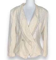 Vintage Blazer Jacket Ecru Embossed Structured Hourglass Pearl Embellishment