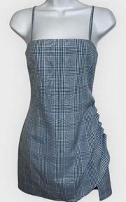Lovers + Friends Cobalt Blue and White Plaid Gathered Button Side Dress NWOT XXS