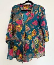 GLAM 100% silk blouse floral button up size small lightweight