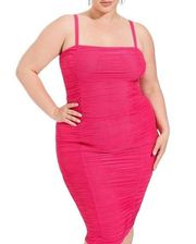 NWT Women’s  Midi Mesh Shirred Bodycon Dress hot pink ruched size 10