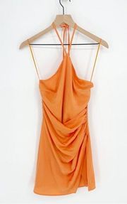 NEW Adelyn Rae Marissa Ruched Halter Mini Slip Dress Satin Orange Women's XS