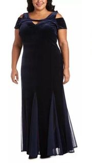 Nightway Velvet Cold-Shoulder Gown Godet Insets Blue Sz 20