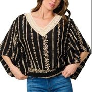 Boho Floral Spring Summer Top Blouse Black Embroidered Size S NWT