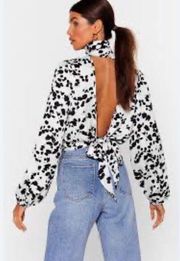 NASTY GAL Cow Print Cut Out High Neck Blouse Size 0