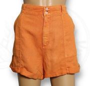 Joie Linen Blend Wide Leg Rolled Hem Shorts Button Front Orange High Rise Sz 10