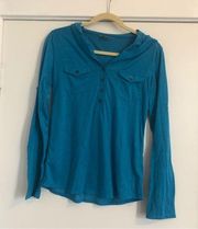 Womens Blue Laura Long Sleeve V Neck t-shirt Henley Hoodie pullover