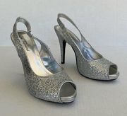 Silver Glitter Peep Toe Sling Back Pumps Size 10