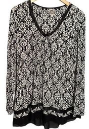 Anne Klein Womens Black Printed Long Sleeves Shirt Blouse Top - large