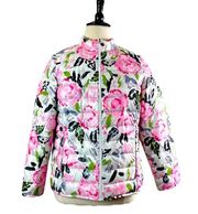 Lands’ End Women’s Quilted Puffer Jacket White Gray Pink Floral Size 0X 14W