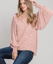 Allie Rose Pleated Lantern Sleeve Light Blouse Sz S w Metallic Dots Polyester