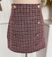 High Waist Plaid Accent Buttons Tweed Skirt