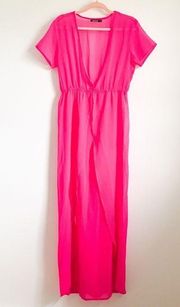 Boohoo Sheer Deep V Neck Pink Short Sleeved Swim Cover Up