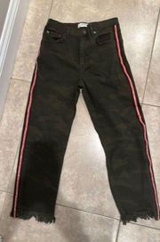 ZARA Camo High Waisted Pants With Red Side Stripe And Rhinestones