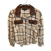 Almost Famous Brown Plaid Fleece Collared Long Sleeve Shacket New Size Small