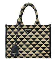 Prada Symbole Black and Tan Embroidered Fabric Small Tote Bag w/ Shoulder Strap