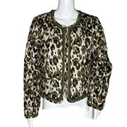 J Crew Jacket Womens Large Brown Green Cheetah Leopard Quilted Granny Grandma