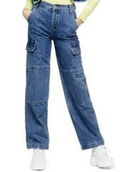 Topshop High Rise Baggy Cargo Straight Leg Cotton Jeans Blue 6