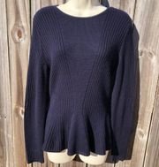 Magaschoni Medium Wool Sweater Pullover Top Peplum Navy Blue Ribbed Long Sleeve