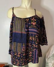 Women's Boho Print Style Cold Shoulder Top Size Large