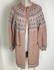 New Max edition Fair Isle Intarsia knit long Cardigan sweater Size Large Neutral